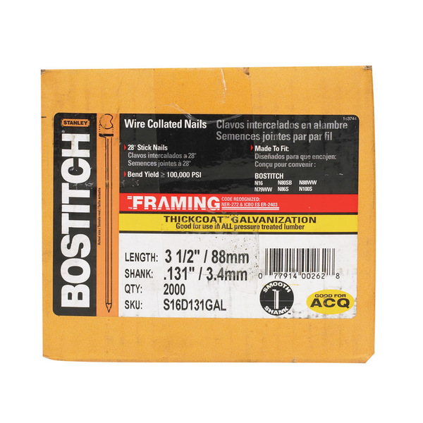 Bostitch Pneumatic Nail, 3-1/2 in L, Thickcoat, Full Round Head, 28 Degrees S16D131GAL-FH